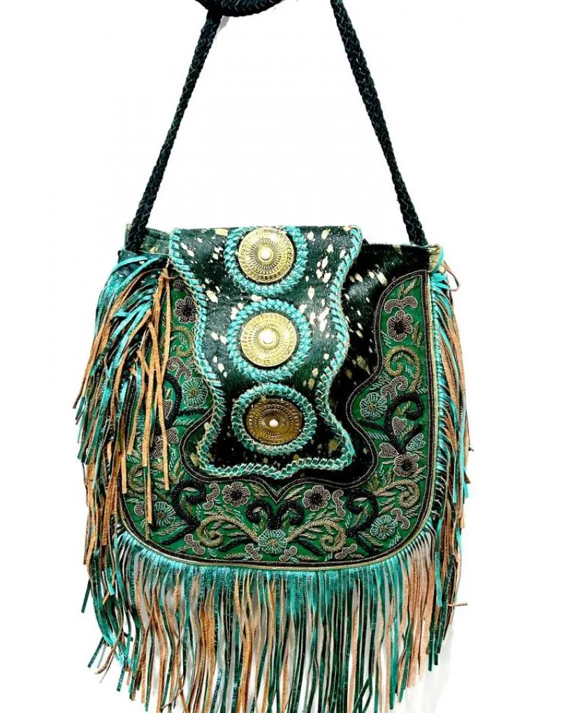 BOLSOS DE PIEL VERDES CON FLECOS ORIGINAL ESTILO BOHO CHIC