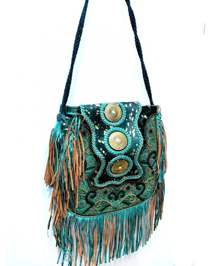 BOLSOS DE PIEL VERDES CON FLECOS ORIGINAL ESTILO BOHO CHIC