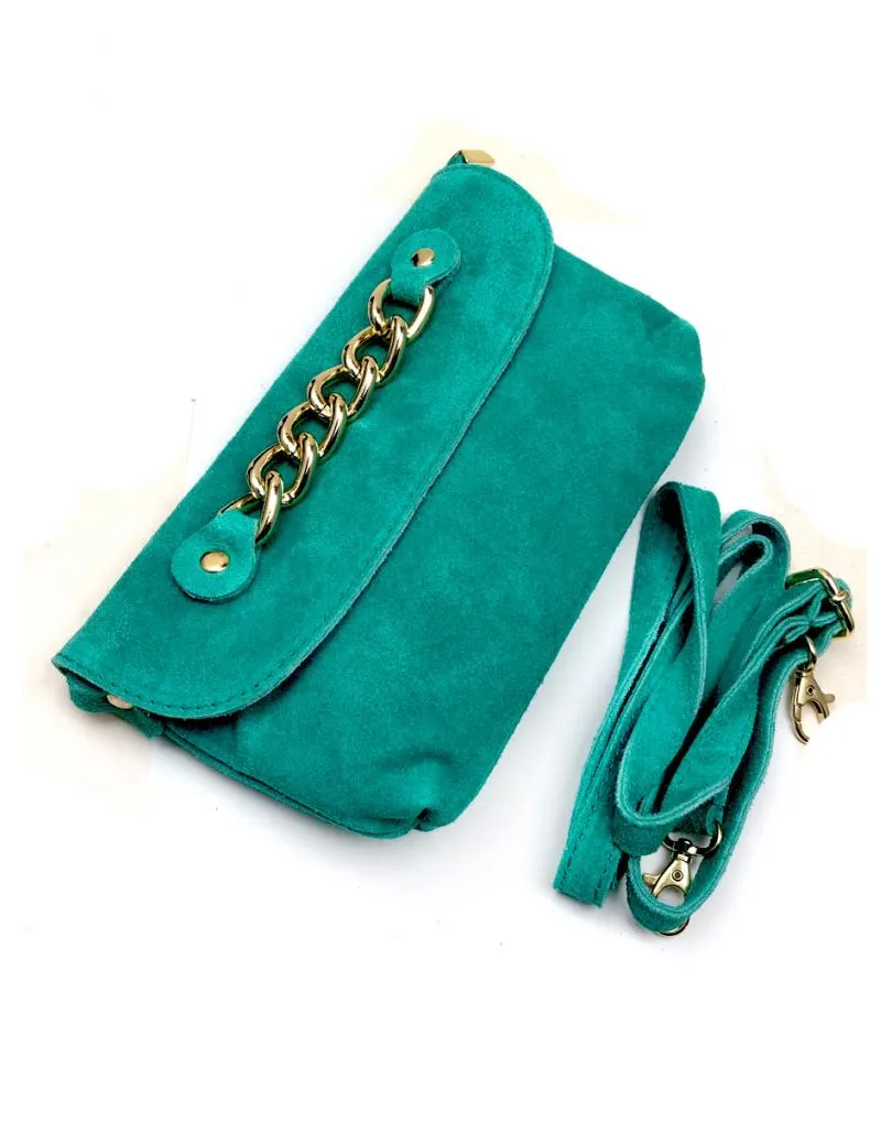 BOLSOS TURQUESAS DE PIEL CON DETALLE DE CADENA DE ESLABON GRANDE