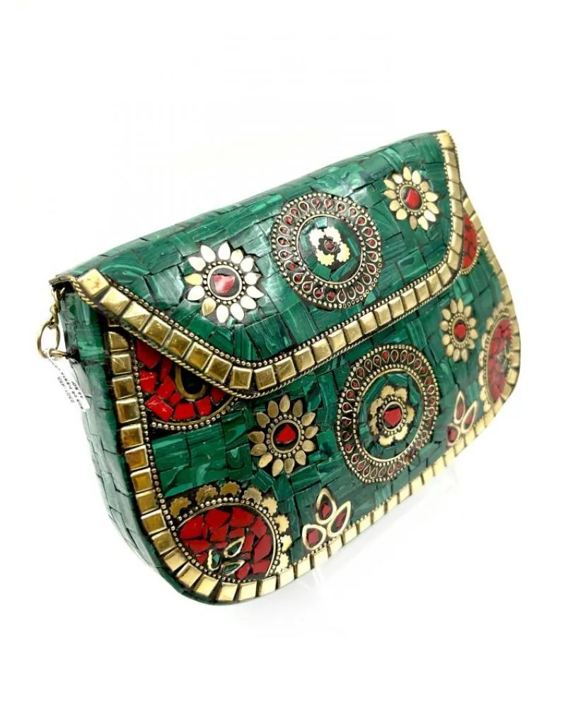 BOLSOS VERDES DE FIESTA EN LATON CON MOSAICO DE PIEDRAS