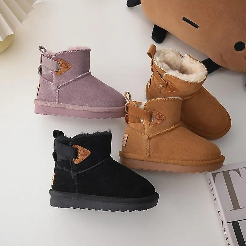 Botas de nieve para niños Capa de cabeza de niña Botas de cuero esmerilado Botas de invierno de felpa cálida para niños Talla 21