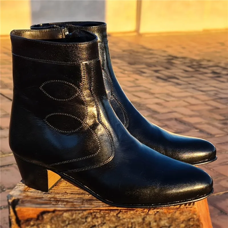 Botines Hombre Piel Tacón Cubano Suela de Cuero Forro de piel 508 Negro, de Latino