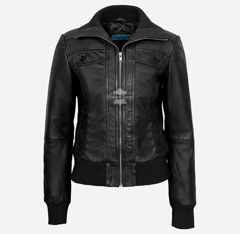 Celestial Ladies Bomber Leather Jacket Slim Fit Leather Jacket
