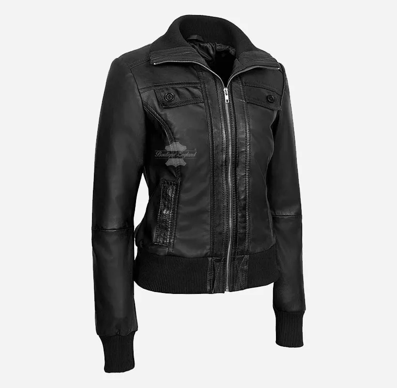 Celestial Ladies Bomber Leather Jacket Slim Fit Leather Jacket