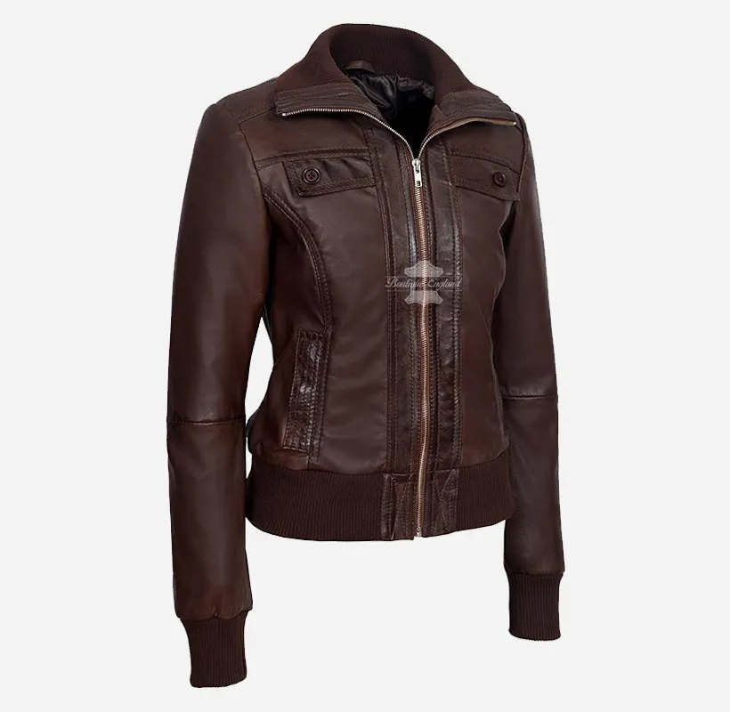Celestial Ladies Bomber Leather Jacket Slim Fit Leather Jacket