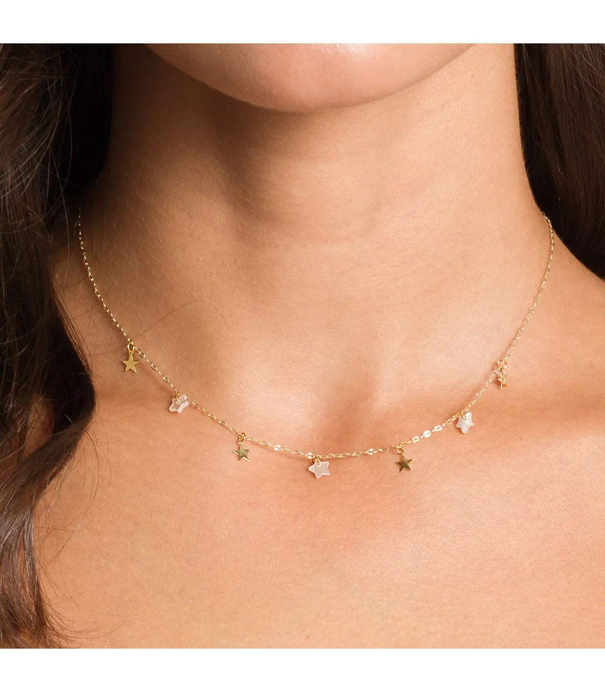 Collar Mujer Estrellitas Nácar Oro Amarillo 18K 40 cm