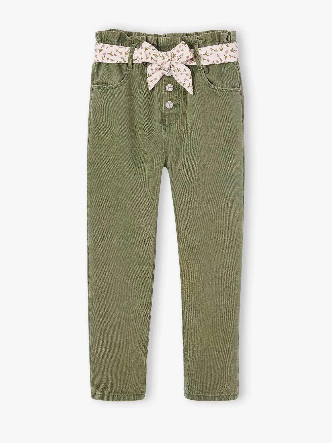 Pantalón «paperbag» y cinturón pañuelo con estampado de flores para niña