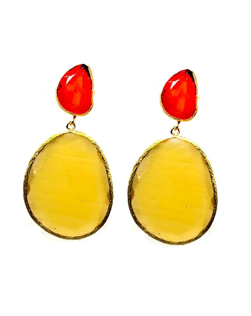 PENDIENTES MUJER LARGOS CON DOBLE LÁGRIMA OVAL BICOLOR EN NARANJA Y AMARILLO