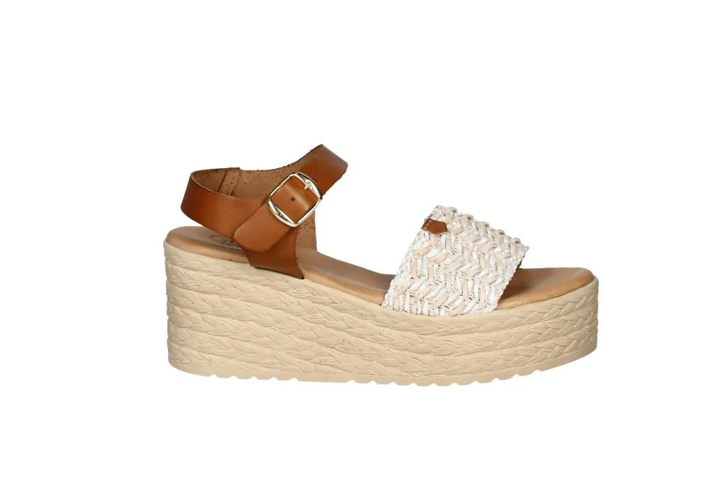 Sandalia Rafia Blanco Pulsera Cuero Plataforma