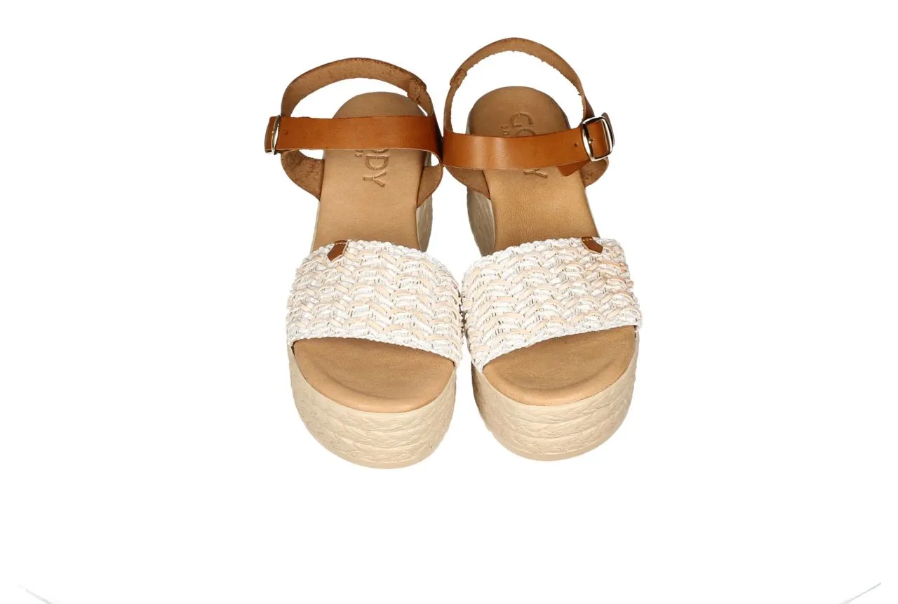 Sandalia Rafia Blanco Pulsera Cuero Plataforma
