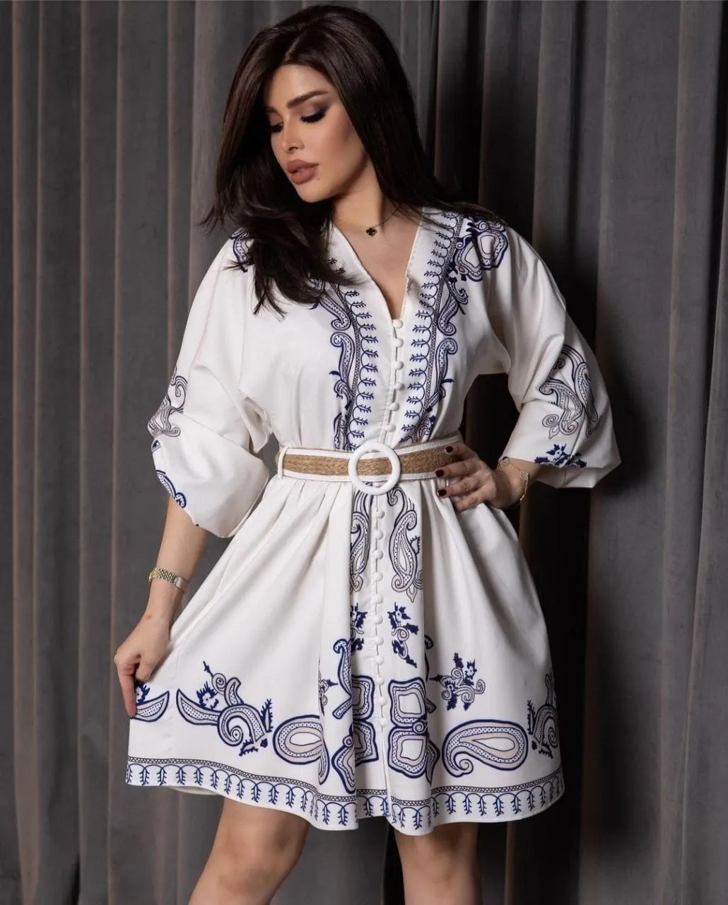 VESTIDO DE DAMA DE LUJO DE LONGITUD MEDIA  21445  BLANCO / AZUL MARINO