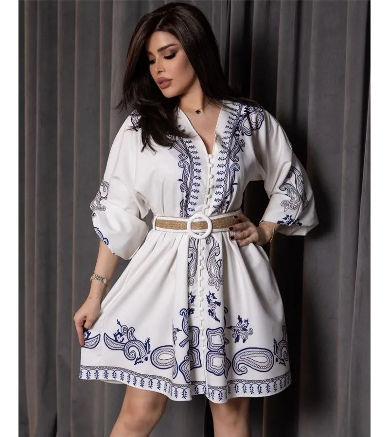 VESTIDO DE DAMA DE LUJO DE LONGITUD MEDIA  21445  BLANCO / AZUL MARINO