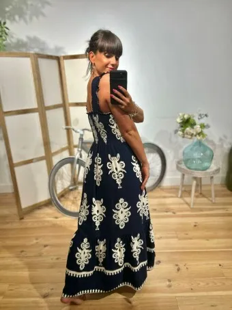 Vestido Nido de Abeja Estampado MARGOT Marino